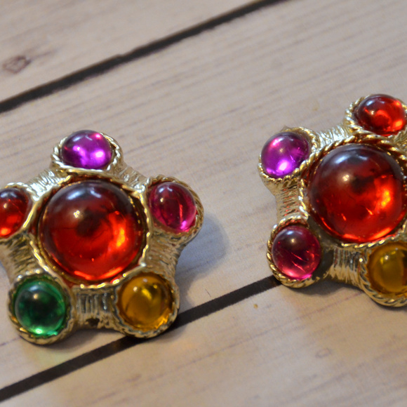 Vintage Jewelry - large vintage huge 1980's colorful rhinestone cab earrings